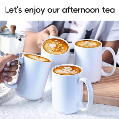 16 OZ Coffee Mugs, Classic Blank Ceramic Cup with Large Handle for Tea Latte Cappuccino, Set of 4, White - color: White
