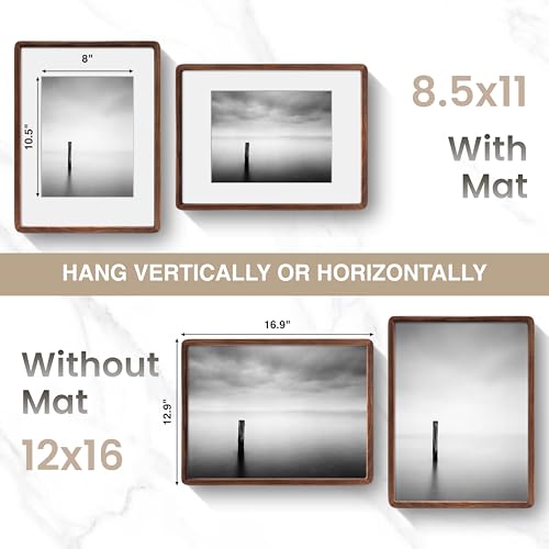 Acovy 12x16in Picture Frame, Natural Solid Walnut Handcrafted Wooden Photo Frame, Dual Use for Wall Mount, Matted to Fit 8.5"x11" Photos, HD Tempered Glass, Pre-Installed Stand & Hanging Hook - color: Walnut, size: 12x16in