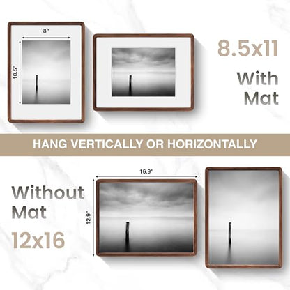 Acovy 12x16in Picture Frame, Natural Solid Walnut Handcrafted Wooden Photo Frame, Dual Use for Wall Mount, Matted to Fit 8.5"x11" Photos, HD Tempered Glass, Pre-Installed Stand & Hanging Hook - color: Walnut, size: 12x16in