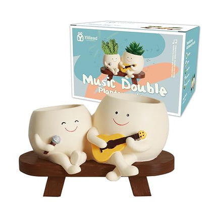 Smiley Face Planter Pot,Unique Double Head Guitar Singing Planter | with Drainage Hole Resin Cute Plant Pot,for Indoor Outdoor Plants
