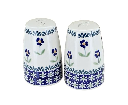 Blue Rose Polish Pottery - Blue Daisy Salt & Pepper Shaker - 3.5" Tall - Hand-Painted Ceramic Seasoning Set for Table & Kitchen