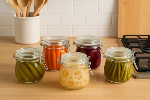 17oz Airtight Glass Jar with Lid, 6 Pack Clamp Lid Glass Storage Jars, Flip Top Food Storage Containers, Wide Mouth Thick Glass Jars for Yogurt Dessert Jam Sugar Snacks Pantry Kitchen Organization - size: 17 fl oz x 6 - Ridged