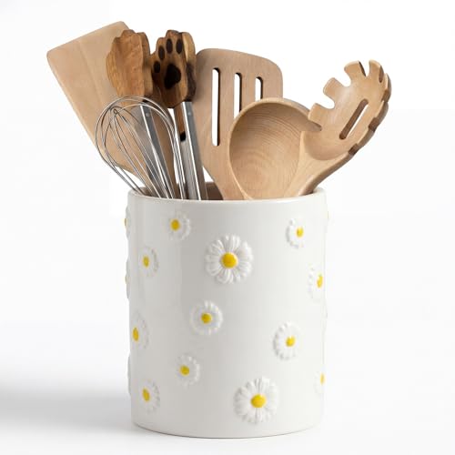 LemonRoad Daisy Utensil Holder for Kitchen Counter,Ceramic Cooking Utensil Crock Modern Farmhouse Countertop Organizer for Spatula Ladle Kitchen Counter Decor - style: Daisy