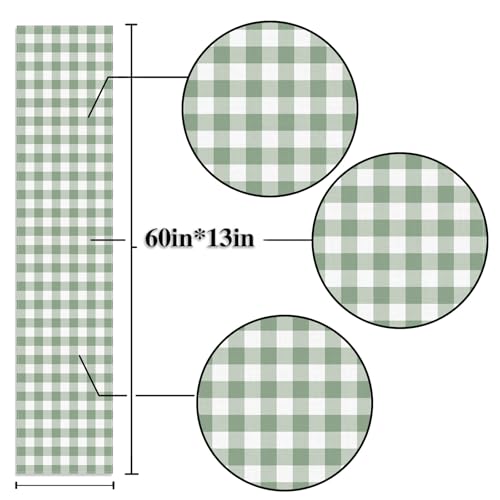 Sage Green Gingham Party Table Runner Green and White Checkered Plaid Decorations for Birthday Bridal Baby Shower Home Dining Kitchen Island Decor (13" x 60") - size: 13" x 60"