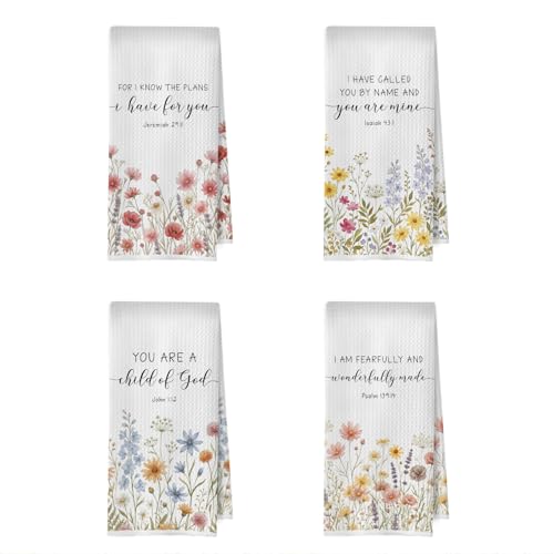 Floral Christian Kitchen Towel Set - Christian Religious Gifts Decorative Waffle Dish Towels, Bible Verse Hand Towels, Religious Gifts Tea Towel, 16x24 Inch Set of 4 - color: Christian -07