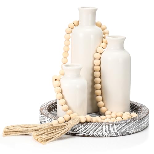 5 Pcs Rustic Country Tabletop Centerpieces Decor Set of 3 Boho Ceramic Vases with Wooden Serving Tray Wood Bead Garland Tassels Table Holder for Home Decorations(Gray) - color: Gray