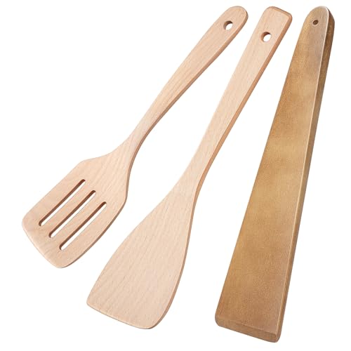 MORGLES 3Pcs Beechwood Spatula Set 12" Handle Non-Scratch for Nonstick Pans | Solid beech wood, 3pc set, 12" handle, non-scratch for cookware, multi-use flipping scraping, hangable, cooking & gifting - color: Natural Beech Wood Color