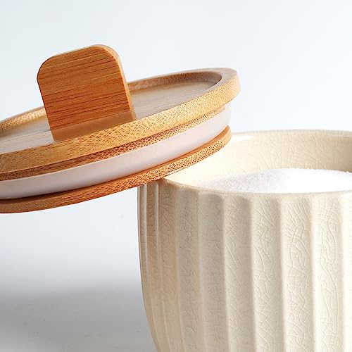 Salt Cellar Keeper with Bamboo Lid, 14oz Big Capacity Ceramic Sugar Bowls Pepper Box, Crackle Glaze Seasoning Container Condiment Pot for Kitchen, (Cream Color), 4″×4″ - color: Cream