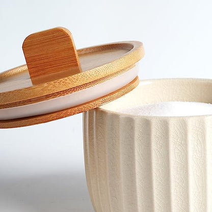 Salt Cellar Keeper with Bamboo Lid, 14oz Big Capacity Ceramic Sugar Bowls Pepper Box, Crackle Glaze Seasoning Container Condiment Pot for Kitchen, (Cream Color), 4″×4″ - color: Cream