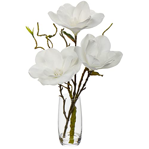 Faux Flowers in Vase 15.4" Magnolias Flowers Arrangement with Faux Water Real Touch Flowers for Wedding Table Centerpiece Home Decor, White - color: White-magnolia#1