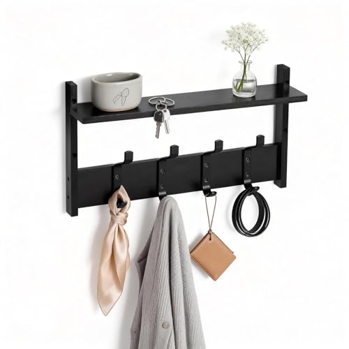PEKER Coat Rack Wall Mount with Shelf, Solid Wood Entryway Organizer with 4 Metal Hooks, Wall-Mounted Organizer for Entryway, Bathroom, Bedroom & Kitchen, Hanging Rack for Coats, Hats, Bags & Towels