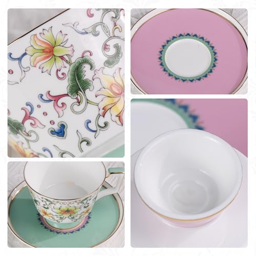 KAMMAK Ceramic Coffee Cups Saucers Set of 2, Porcelain Espresso Cups with Saucers, 8.12 oz Handcrafted Elegant Bone China Tea Cups, Lotus Floral Pattern Teacup for Party, Office, Women Gift - color: Ruyi Lotus (Pink + Green)