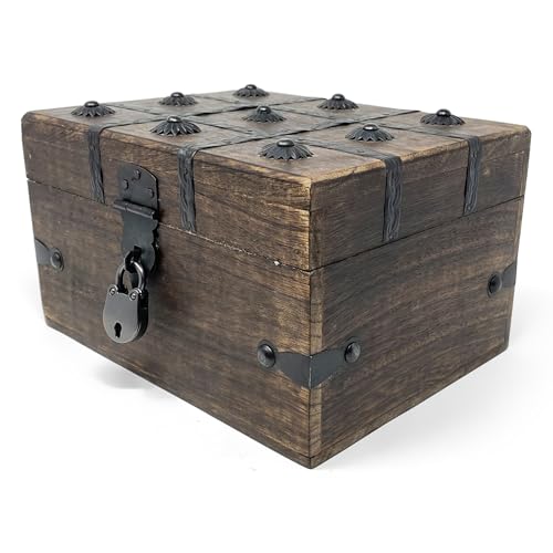 Treasure Chest Wooden Box with Antique Iron Lock and Skeleton Key (Small 8x6x4.5) - Storage and Decor – Pirate Keepsake Chest, Decorative Storage Box with Hinged Lid - size: Small 8 x 6 x 4.5"