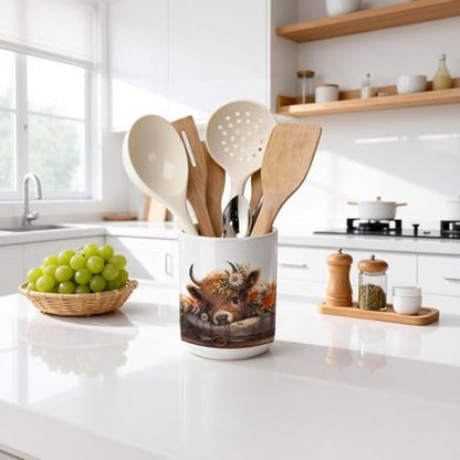 Highland Cow Ceramic Utensil Holder for Kitchen Counter, Farmhouse Rustic Highland Cow Decor 5.4" Kitchen Cooking Crock Utensil Holder for Countertop