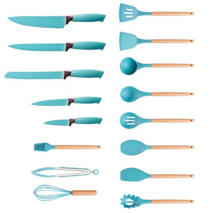 19 Pieces Kitchen Utensils and Knife Set with Block, Inldued 9 Pieces Silicone Cooking Utensils Set 5 Pieces Sharp Stainless Steel Chef Knives Scissors Whisk Tongs and Cutting Board (TEAL) - color: Teal