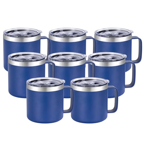 VEGOND 14 oz Insulated Coffee Mug Bulk with Handle, Stainless Steel Travel Coffee Mug with Lid, Double Wall Vacuum Metal Coffee Cup, Coffee Tumbler Powder Coated, Navy Blue 8 Pack - color: Navy Blue, size: 14 Ounces (8 Pack)