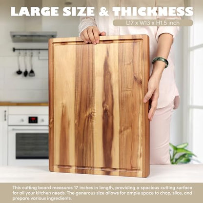 Acacia Wood Cutting Board (17x13x1.5in) and Wooden Butcher Block, Chopping Board - Reversible Multipurpose For Meat, Cheese Board, Vegetables, Bread...with Juice Groove, Cracker Holder & Inner Handles - size: 17"L x 13"W