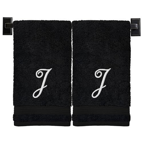 Black Hand Towels for Bathroom - Monogrammed | Luxury Cotton Turkish Towels | Embroidered in USA | Set of 2 | Choose Set Color and Letter | A - Z | Script Font - color: Black