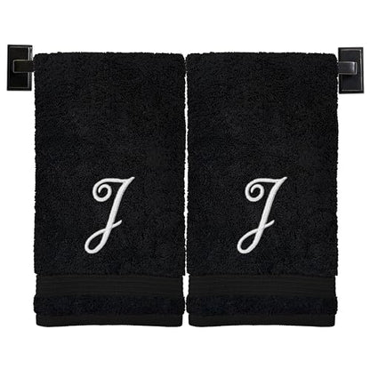 Black Hand Towels for Bathroom - Monogrammed | Luxury Cotton Turkish Towels | Embroidered in USA | Set of 2 | Choose Set Color and Letter | A - Z | Script Font - color: Black
