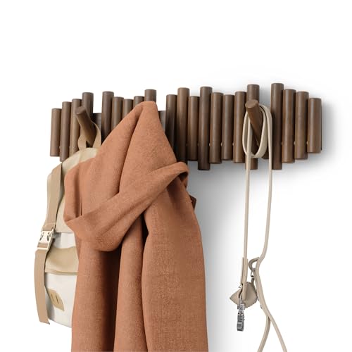 Umbra Picket Coat Rack, Wall Mount 8 Flip-Down Coat Hooks, Walnut | Beveled pine wood dowels, supports up to 5 lbs, mounting hardware included, space saving - color: Walnut, size: 8-Hook