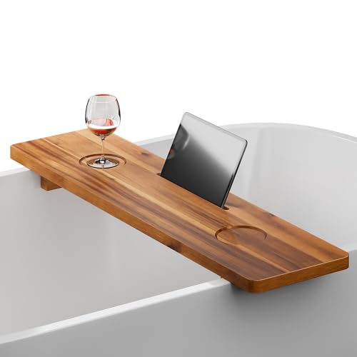 TINAMO 35" L Bathtub Caddy Tray with Accessories Holders, Fits Most Tubs | Acacia Wood, 35" x 9" x 2.5", Custom Legs, Phone/Tablet & Drink Holders, Large Storage, Hardware Included, Easy Installation - color: Acacia, size: 35" x 9" x 2.5"