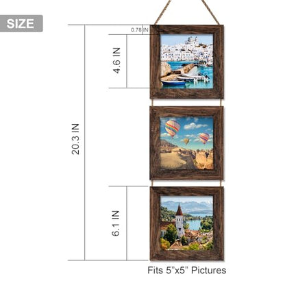 5X5 Picture Frame, Wall Hanging Picture Frames Collage with 3 Opening Frames Distress Rustic Brown - color: Brown, size: 5x5