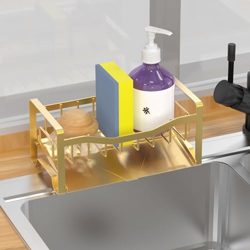 Kitchen Sink Caddy Organizer Sponge Holder for Kitchen Sink with Stainless Steel Auto Drain Tray, Self Drain Dish Soap Sponge Caddy Rack for Countertop Storage Gadgets Accessories - color: Dark Gold Yellow