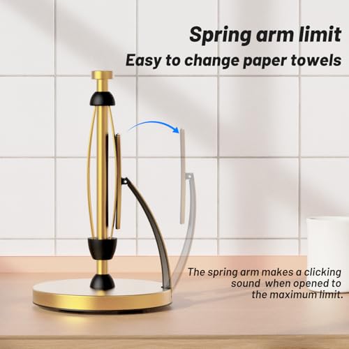 VEHHE Paper Towel Holder Countertop, Paper Towel Holder with Spring Activated Arm and Damping Effect, Simply Tear Paper Towel Stand for Bathroom and Kitchen (Gold) - color: Gold, size: Suction Base
