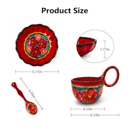 3 Piece Hand Painted Loop Handle Soup Bowl, Plate and Spoon Set,13.37oz Ceramic Cereal Cup for Coffee,Floral Bowl Set for Soup Snack Ice Cream Stew Microwave Dishwasher Safe (Red) - color: Flamenco Red