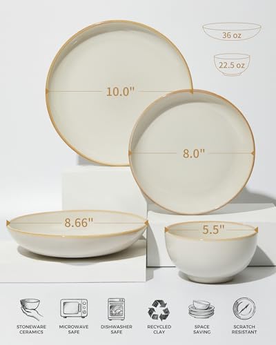 16 Piece Double Bowl Dinnerware Sets with Pasta Bowls, Highly Chip and Crack Resistant Plates and Bowls Sets, Natural Earthyware Ceramic Dishware Sets, Service for 4 Yellow White - color: Cream White, size: Set (16pcs)