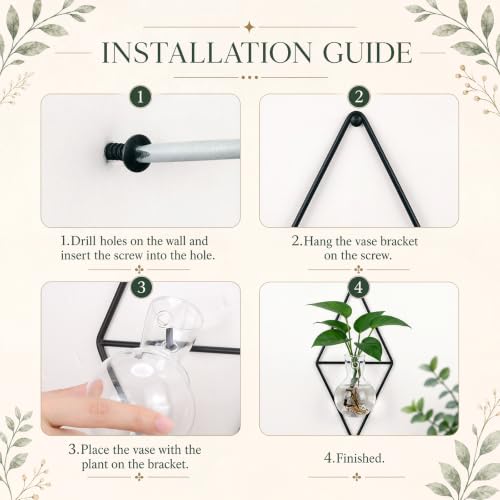 2 Pack Wall Hanging Glass Vase with Metal Frame, Wall Mounted Plant Propagation Station, Diamond Shape Hydroponic Glass Planters with Iron Holder and Screws for Indoor Decor (Black)