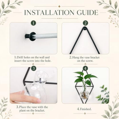 2 Pack Wall Hanging Glass Vase with Metal Frame, Wall Mounted Plant Propagation Station, Diamond Shape Hydroponic Glass Planters with Iron Holder and Screws for Indoor Decor (Black)