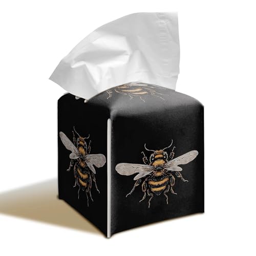 Bee Artwork PU Leather Tissue Box Cover 5.2 in | Bee insect artwork design; 5.2-inch premium PU tissue box cover with hand-stitched look and removable liner. - color: Bee