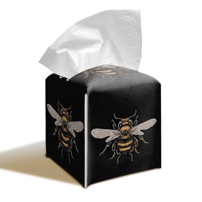 Bee Artwork PU Leather Tissue Box Cover 5.2 in | Bee insect artwork design; 5.2-inch premium PU tissue box cover with hand-stitched look and removable liner. - color: Bee