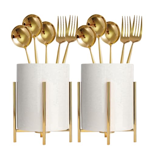 2pcs Sturdy Cutlery Holder White Ceramic With Metal Bracket Robust Silverware Caddy For Countertop - Spoon Holder Silverware Caddy - color: Gold white, size: S