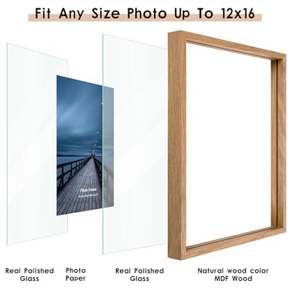 MUYE 12x16 Floating picture Frames Set of 2,Double Glass Frame,Display Any Size Photo up to 12x16,Wall Mount or Tabletop Standing,Natural - color: Natural, size: 12x16