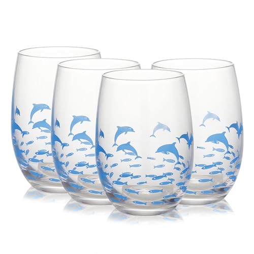 Hand Blown Etched Stemless Wine Glasses 19oz, Set of 4, Everyday Drinking Glasses, Large capacity, Unique Gifts for Him Her for Birthday, Wedding, Anniversary - color: Clear With Marine dolphins & fishes