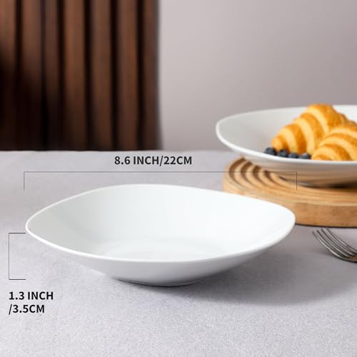 fMBB Ceramic Large Soup Bowls, 8.6 Inches, Modern 4-Piece Deep Salad Plates Set, Porcelain Square Plates, for Fruit, Cereal, Dessert, Snack - White - color: Square8.6"