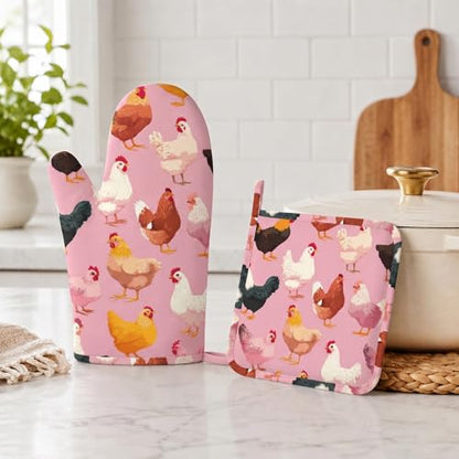 Rooster and Hen Oven Mitts and Pot Holders Sets Cute Chicken Non-Slip Silicone Surface for BBQ Gloves,Kitchen,Cooking,Baking,Grilling - color: Rooster and Hen