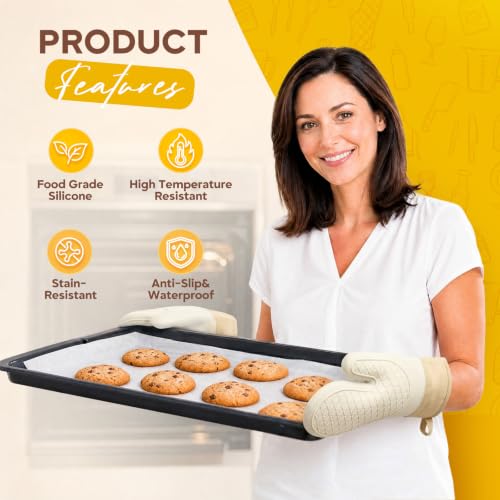 Silicone Oven Mitts 2 PCS, Heat Resistant Non-Slip Cotton Lining for Baking | 11.3 "x 7" 500 ° F White