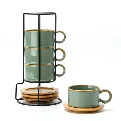 LUKA 6 Ounce Porcelain Stackable Espresso Cups with Saucers and Metal Stand Set of 4, Ceramic Cappuccino Cups Set for Specialty Coffee Drinks, Latte, Cafe Mocha and Tea, Wild Sage Earth - color: Wild Sage Earth