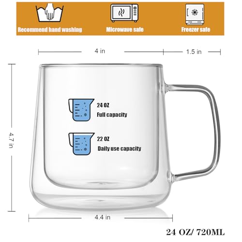 Extra Large Thicken Double Wall Glasses Coffee Mugs Tea Cups set of 2, 24OZ Insulated Clear Lemon Tea Beer Cups with Handle - color: 24OZ-2 CUPS