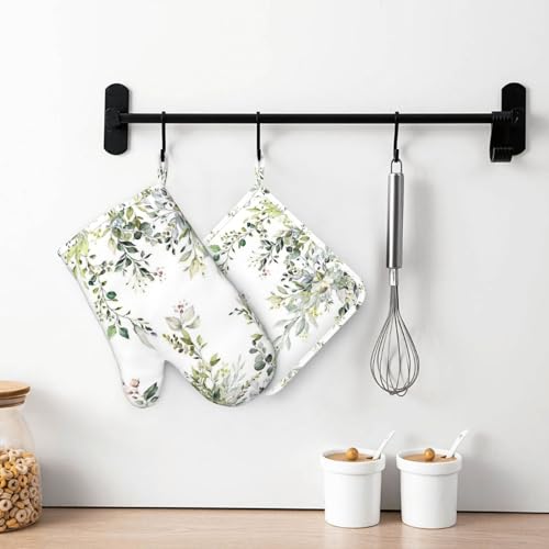 Sage Green Eucalyptus Oven Mitts and Pot Holders Set, 4pcs Silicone Watercolor Butterfly Leaves Oven Glove for Kitchen Heat Resistant Oven Mitts and Potholders Non-Slip for Cooking - color: Sage Green