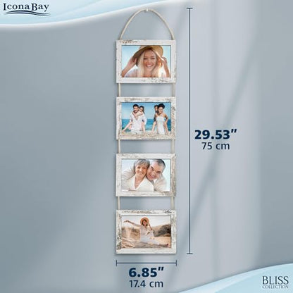4x6 Wall Hanging Picture Frames Collage with 4 Openings - Distressed White - Casual Style Engineered Wood Frames - Wall Mount Only - Bliss Collection - color: Distressed White, size: 4x6
