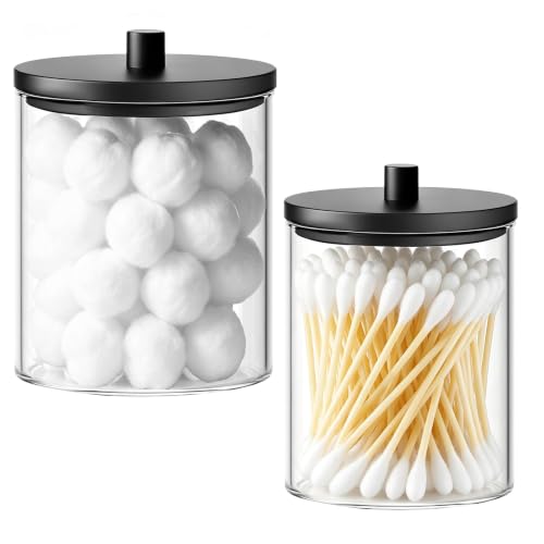 BKYFPQ 2 Pack Glass Qtip Holder Dispenser Set - 15oz & 10oz Apothecary Jars with Lids - Vanity Makeup Organizer and Bathroom Canister Storage Organizer for Cotton Ball, Swab, Round Pads,Floss