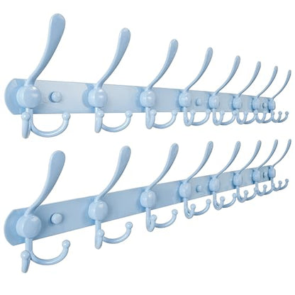 Coat Rack Wall Mount - 29.5” Long 8-Tri-Hooks Heavy Duty Coat Hanger Rail Wall Hooks for Hanging Coats Hats Clothing Clothes Purse Mudroom Entryway, Blue, Pack of 2 - color: Blue, size: L=29.5” (2 Pcs)