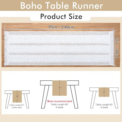 Macrame Table Runner Cream Beige Boho Table Runners with Tassels Hand Woven Cotton Table Runner Rustic Farmhouse Table Runners for Bohemian Kitchen Dining Table(12x95in) - size: 12"Wx95"L