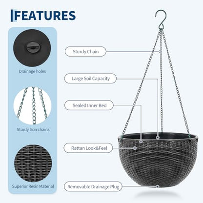 13.8 Inch Self Watering Hanging Planter, 2PCS Round Resin Hanging Basket for Indoor Outdoor Plants, Rattan Look Flower Pot with Drainage Plug, Deep Inner Pot and Sturdy Metal Triple-Chain Hanger - color: Black