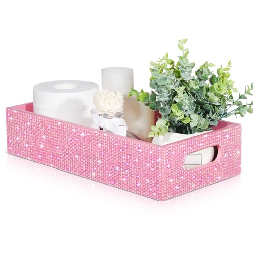 Honeydak Bling Rhinestone Bathroom Basket with Handle 13" x 6" x 3" Toilet Tank Tray, Crushed Diamond Bathroom Decor Accessories, Back of Toilet Storage Organizer, Sparkly Gifts for Women(Pink) - color: Pink, style: Rhinestone