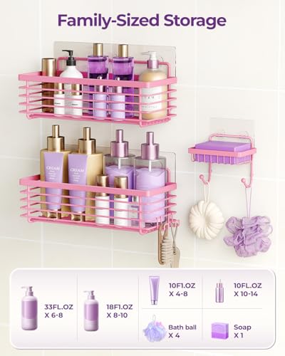 Shower Caddy Adhesive 3 Pack Stainless Steel Storage Organizers-Pink | No drilling wall mounted,rust-resistant,large capacity,quick drainage,easy to clean,suitable for bathrooms and kitchens - color: Pink